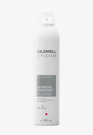 White 300ml Goldwell Stylesign hairspray can labeled "Working Hairspray," suitable for all hair textures, hold level 3 of 5.