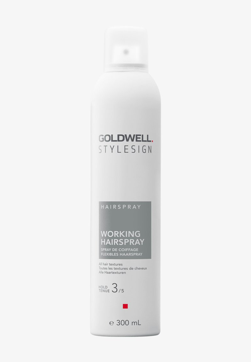 Witte 300ml Goldwell Stylesign haarlakbus met het label "Working Hairspray", geschikt voor alle haartypes, houdkracht niveau 3 van 5.