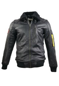 Zwarte leren bomberjack met bontkraag, geribbelde manchetten, ritszakken en een gele patchdetail op de mouw.