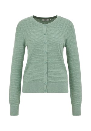 Zaļš adīts kardigans ar garām piedurknēm, apaļu kakla izgriezumu un pogu aizdari. Visā virsmā reljefs raksts, riboti aproces un apakšmala.