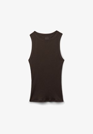 Brown, sleeveless tank top made from ribbed fabric. Features a round neckline and a fitted design, with no visible seams or embellishments.