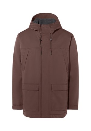 Veste marron imperméable avec capuche, dotée de deux poches avant, d'une fermeture éclair et d'accents à cordon de serrage. Doublure douce à l'intérieur du col.