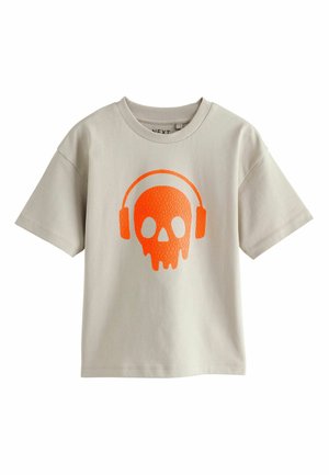 Light gray cotton t-shirt featuring an orange skull graphic with headphones, short sleeves, and a ribbed crew neckline.