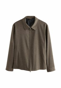 Giacca di tessuto marrone con chiusura a zip, colletto a punta, maniche lunghe e una trama sottile per un interesse visivo.