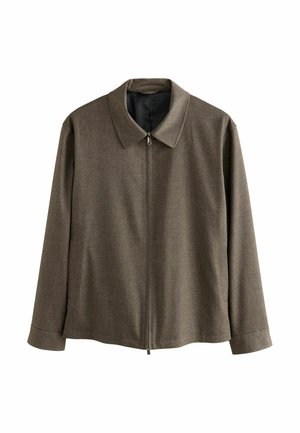 Brun stofjakke med lynlås, spidse krave, lange ærmer og en subtil tekstur for visuel interesse.