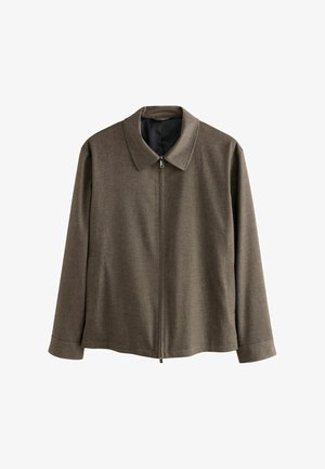 Rudas audinys švarkas su užtrauktuku, reikiamu apykaklė, ilgomis rankovėmis ir subtilia tekstūra, suteikiančia vizualinį interesą.