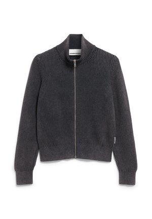 Ribbed gray cardigan with a high collar, full zipper, and fitted cuffs. Made of textured fabric. Features a tag on the left side.