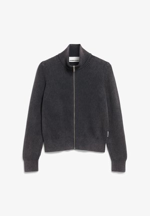 Ribbelige grijze cardigan met hoge kraag, volledige ritssluiting en aansluitende manchetten. Gemaakt van textuurstof. Bevat een label aan de linkerkant.