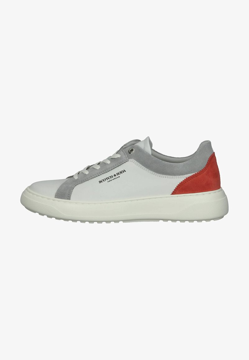 White sneaker with gray suede accents and a red suede heel. Features a round toe, flat sole, and metal eyelets for laces.