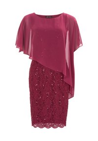 Robe bordeaux avec un superposé en chiffon transparent et un corsage en dentelle, ornée de motifs floraux en sequins et d'une ourlet en forme de coquille.