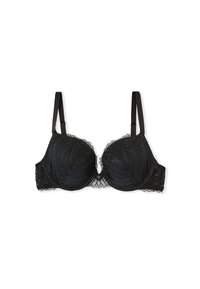 Reggiseno imbottito nero con spalline regolabili e dettagli in pizzo intricati su coppe e banda.