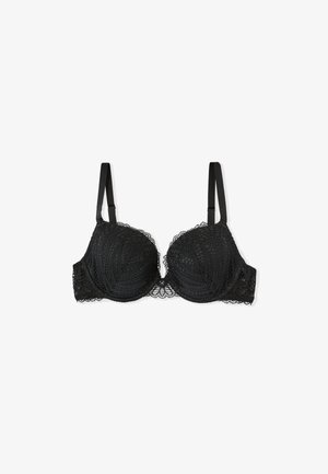Schwarzer gepolsterter BH mit verstellbaren Trägern und aufwendiger Spitzenverzierung an den Cups und dem Unterband.