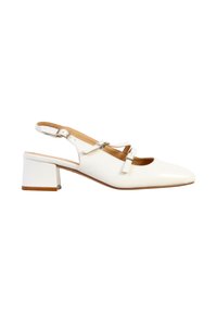 Chaussure à talon bas blanc, bride arrière, bout pointu et deux brides à boucles sur le dessus.