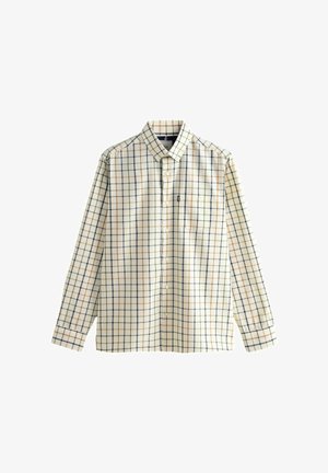 Muška košulja dugih rukava s dugim gumbom u krem boji s uzorkom mreže, uključujući tamnoplave, narančaste i zelene linije. Ima džep na prsima i ovratnik.