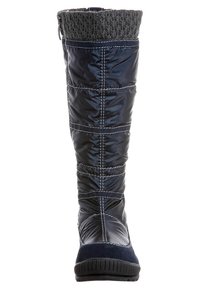 Botte d'hiver hauteur genou avec un dessus en vernis bleu marine et un design matelassé, un revers en tricot gris, une semelle en caoutchouc et des coutures contrastées.