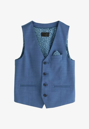 Blå väst med texturerad, vävd yta. Har fyra svarta knappar, två framfickor och ett blommönstrat foder med näsduk.