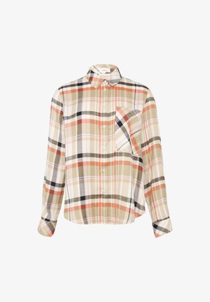 Beige Karoshemd mit langen Ärmeln, das mehrfarbige Muster in Orange, Schwarz und Weiß aufweist und eine Brusttasche auf der linken Seite hat.