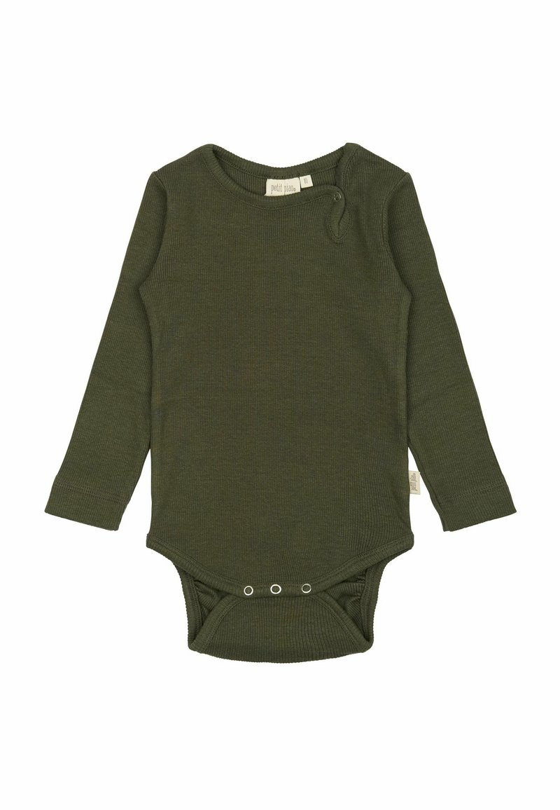 Langsleeve bodysuit in olijfgroen, ribbeltextuur, met een schouderknop en drukknoopsluitingen aan de onderkant voor gemakkelijke aankleding.