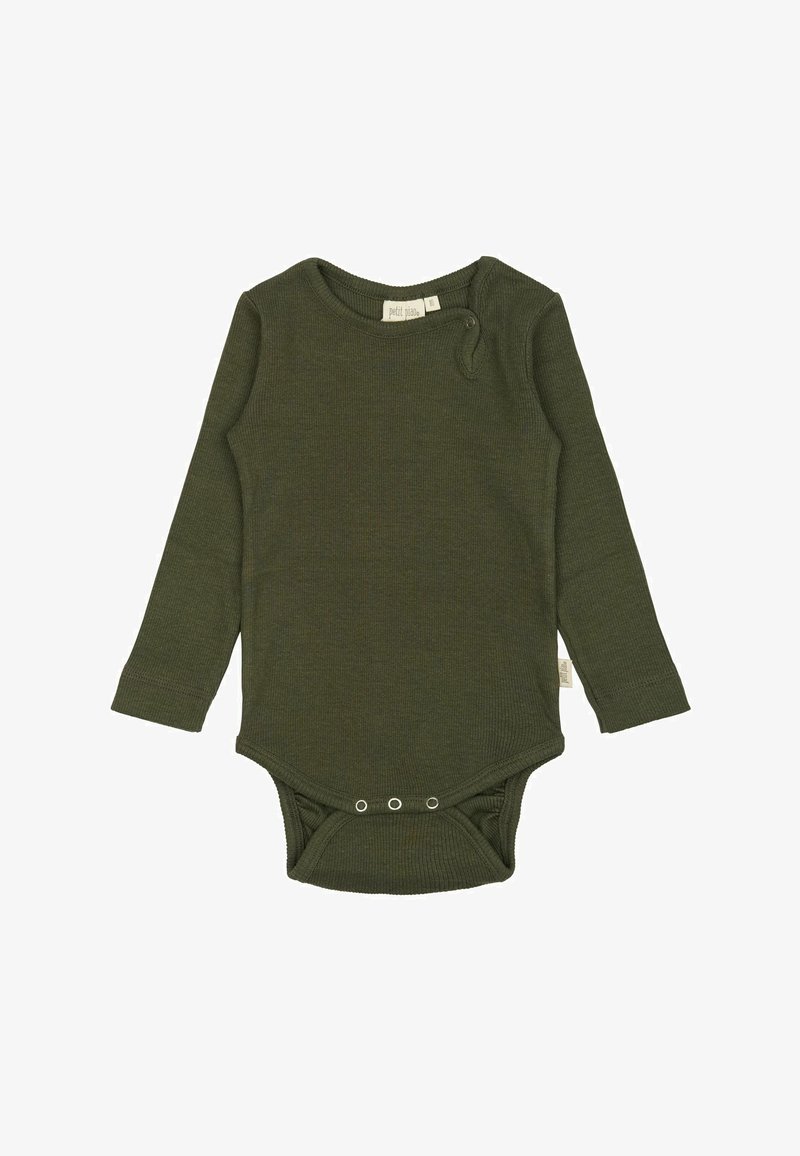 Bodysuit dugih rukava u maslinastoj zelenoj boji, rebraste teksture, s dugmadi na ramenu i dugmadima na dnu za lakše oblačenje.