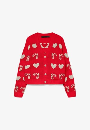 Cardigan rosso lavorato a maglia con motivi a bastoncino di zucchero bianchi e cuori, con scollo a V, polsini a coste e chiusura con bottoni.