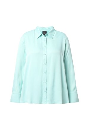 Lys mintgrøn skjorte med knapper, krave, lange ærmer og en afslappet pasform. Glat stof uden synlige mønstre eller hardware.