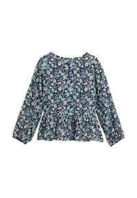Bloes met lange mouwen, peplum taille en ronde hals. Donker marineblauwe achtergrond met kleine roze en blauwe bloemen. Zachte stoftextuur.