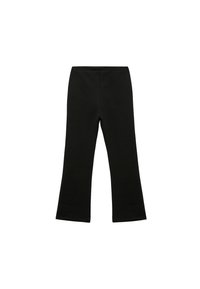 Zwarte katoen flare pants met een gladde textuur, voorzien van een tailleband en een strakke, onopgesmukt ontwerp.