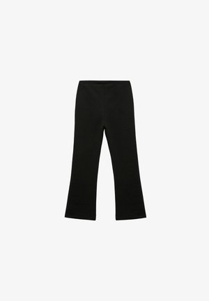 Zwarte katoen flare pants met een gladde textuur, voorzien van een tailleband en een strakke, onopgesmukt ontwerp.