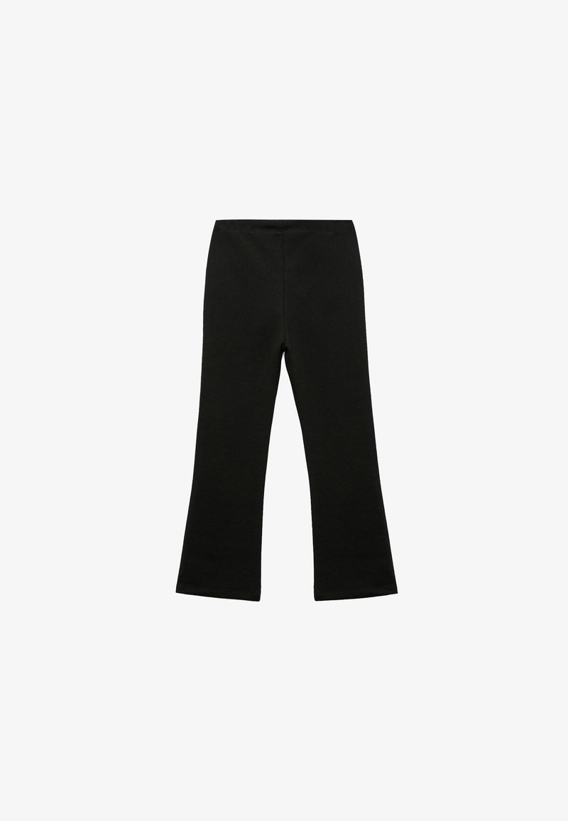 Zwarte katoen flare pants met een gladde textuur, voorzien van een tailleband en een strakke, onopgesmukt ontwerp.