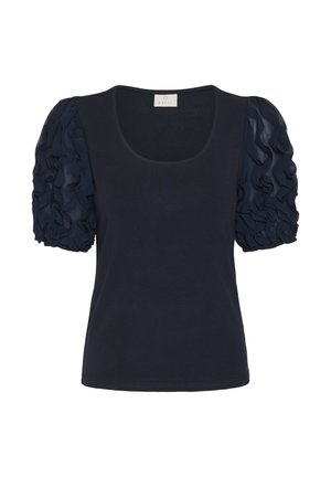 Blouse noire à manches courtes avec manches bouffantes transparentes froncées et encolure arrondie.