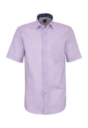 Hellviolettes, kurzärmeliges Hemd mit Knöpfen, einer einzelnen Brusttasche und gemusterter Innenkragenverkleidung.