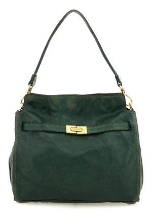 Borsa a mano in pelle verde scuro con manico singolo e chiusura in metallo dorato con incisione "Campomaggi" sulla parte frontale.