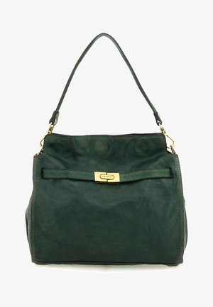 Borsa a mano in pelle verde scuro con manico singolo e chiusura in metallo dorato con incisione "Campomaggi" sulla parte frontale.