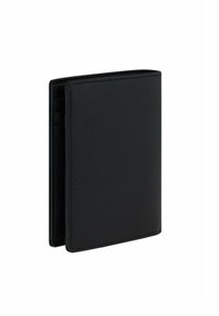 Black leather wallet with a textured finish, bi-fold design, visible card slots, and stitched edges for durability.