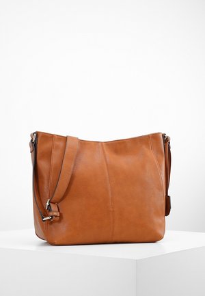 Borsa a tracolla in pelle marrone con una texture liscia, design morbido, tracolla regolabile e dettagli di cuciture sottili.