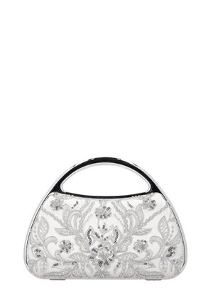 Pochette blanche avec broderie florale en sequins argentés et poignée métallique argentée.