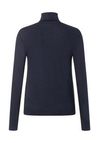 Marineblauer Pullover mit langen Ärmeln, hohem Kragen, glatter Textur sowie gerippten Bündchen und Saum, der ein einfaches, klassisches Design zeigt.