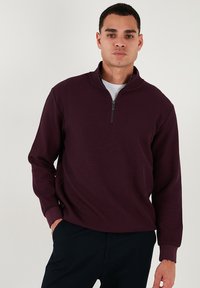 Suéter burdeos, textura acanalada, cremallera en el cuello, mangas largas, ajuste relajado, combinado con pantalones oscuros. Diseño sencillo, sin patrones ni acentos.