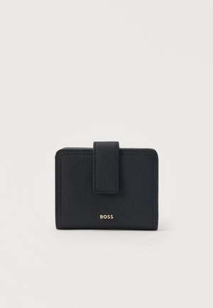 Black leather wallet with a textured finish, flap closure, and gold "BOSS" logo centered on the front.