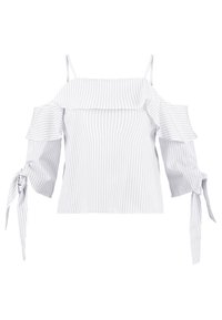 Haut blanc à rayures, décolleté épaules dénudées avec accents à volants, manches courtes nouées aux poignets, coupe droite. Tissu léger.