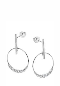 Boucles d'oreilles en argent en forme de créole avec une barre verticale, ornées d'une rangée de pierres précieuses le long de la créole, finition en métal lisse et accents brillants.