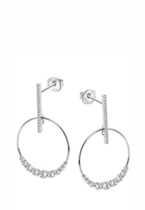 Boucles d'oreilles en argent en forme de créole avec une barre verticale, ornées d'une rangée de pierres précieuses le long de la créole, finition en métal lisse et accents brillants.