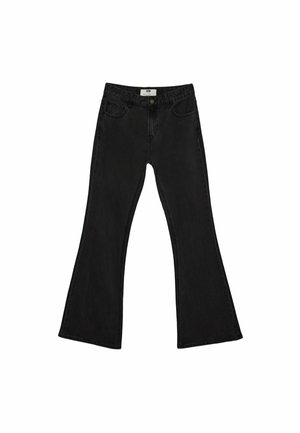 Svarta utsvängda jeans i denimtyg, med hög midja, femficksdesign och rå nederkant. Klassisk passform med en elegant, enfärgad design.