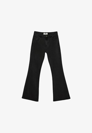 Zwarte flare jeans van denim stof, met een hoge taille, vijf-pocket ontwerp en onafgewerkte zoom. Klassieke pasvorm met een strakke, effen kleur.