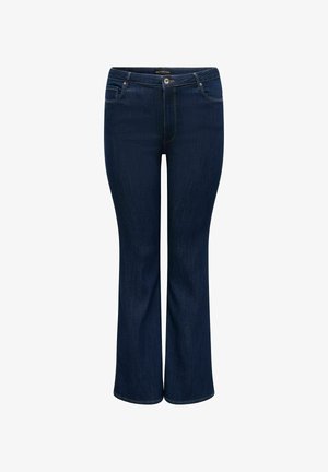 Mørkeblå denim flared jeans med et klassisk fem-lomme design, diskret syninger og en lynlås med knaplukning.
