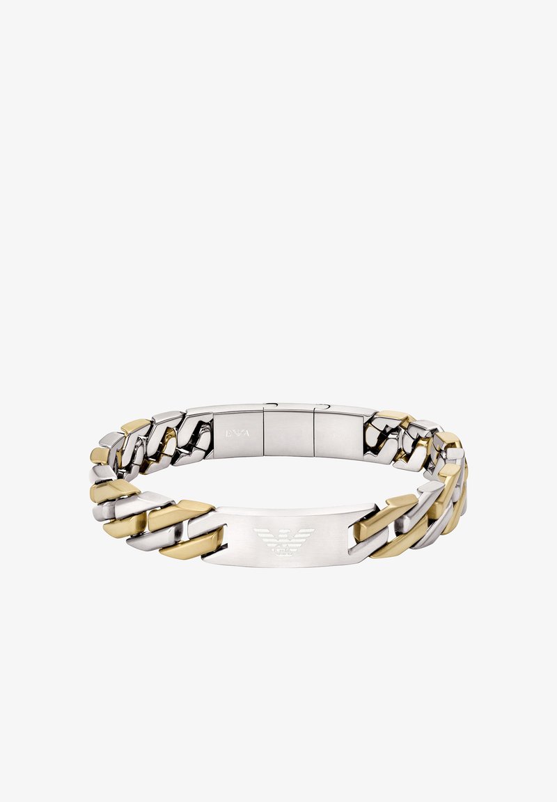 Bracelet en métal composé de maillons argentés et dorés entrelacés, avec une finition polie et une plaque centrale gravée du logo. Design élégant avec une fermeture sécurisée.