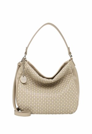 Smėlio spalvos odinė rankinė su perforuotu priekinio paviršiaus raštu, viena viršutine rankena, nuimamu petnešiniu dirželiu ir maža apvalia metaline pakabuka, pritvirtinta grandinėle.