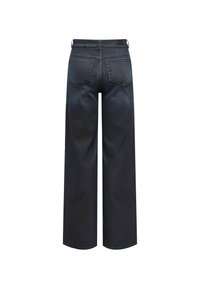 Donkerdenim wijde broek met hoge taille, voorzien van twee achterzakken en een schone afwerking aan de zoom. Eenvoudig ontwerp zonder versieringen.