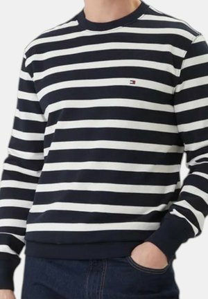 Mann trägt ein marineblau-weiß horizontal gestreiftes Langarmshirt mit kleinem Logo auf der Brust und einer Hand in der Tasche.