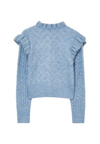Maglione azzurro chiaro a maglia con dettagli a volant sulle spalle e motivi a rilievo sulle maniche e sul corpo.
